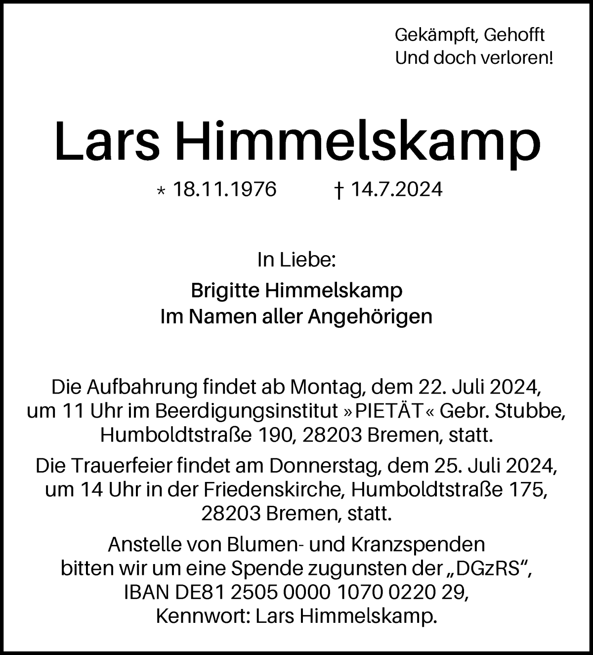 Traueranzeige von Lars Himmelskamp von WESER-KURIER