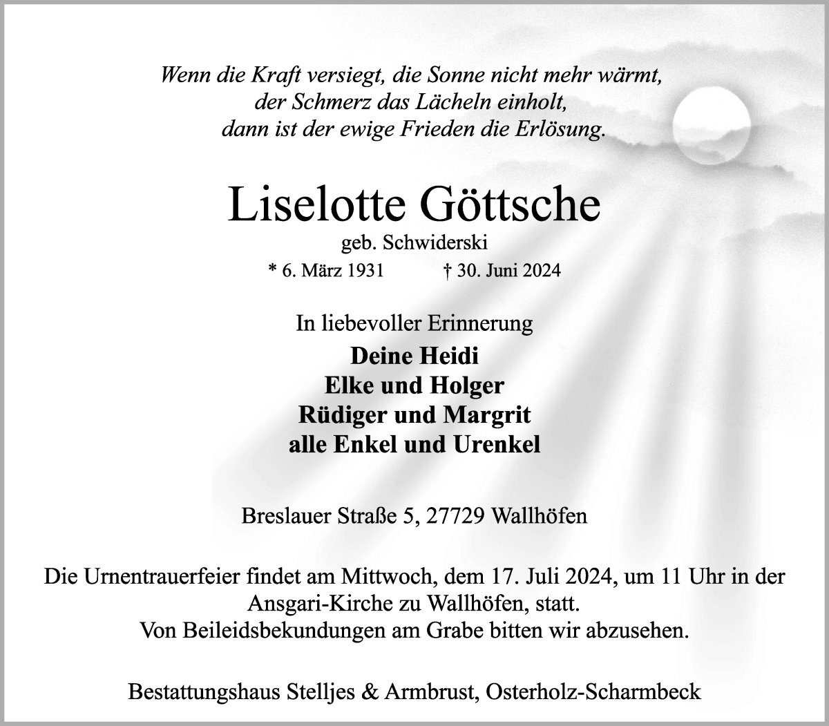 Traueranzeige von Liselotte Göttsche von Osterholzer Kreisblatt