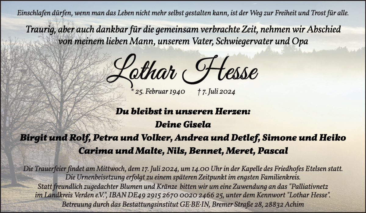 Traueranzeige von Lothar Hesse von WESER-KURIER