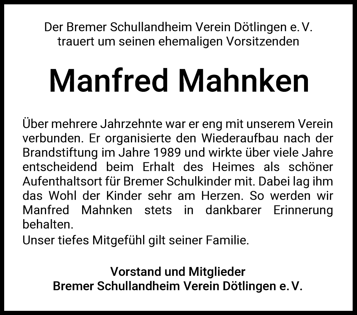 Traueranzeige von Manfred Mahnken von WESER-KURIER
