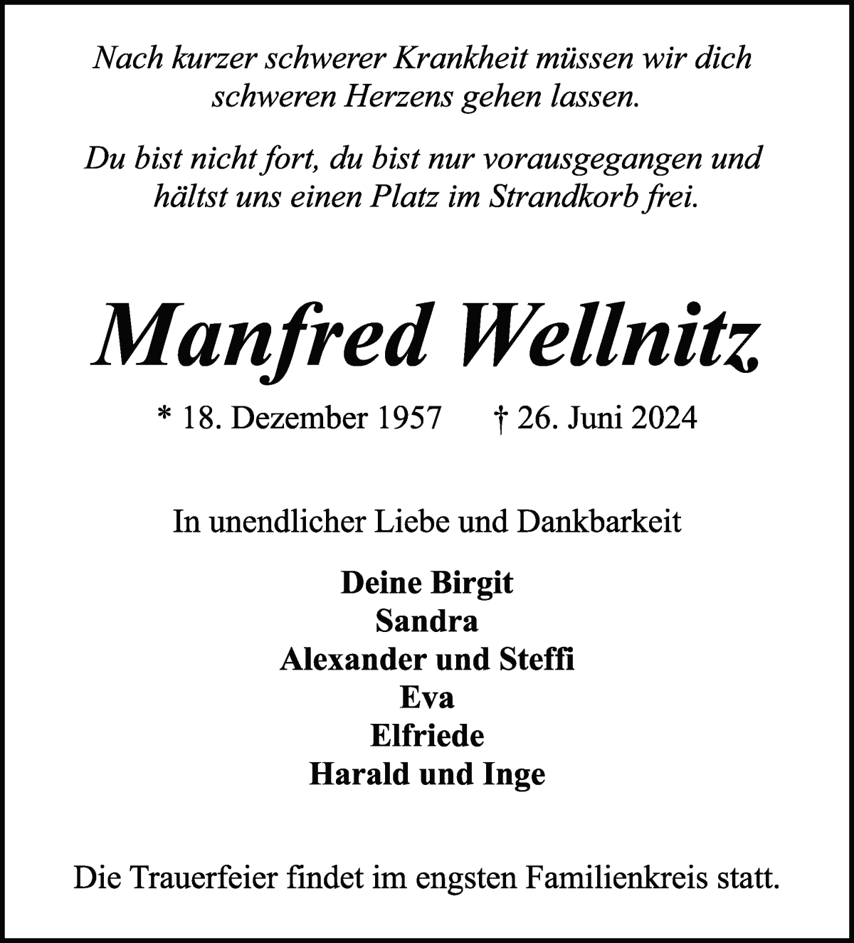 Traueranzeige von Manfred Wellnitz von WESER-KURIER