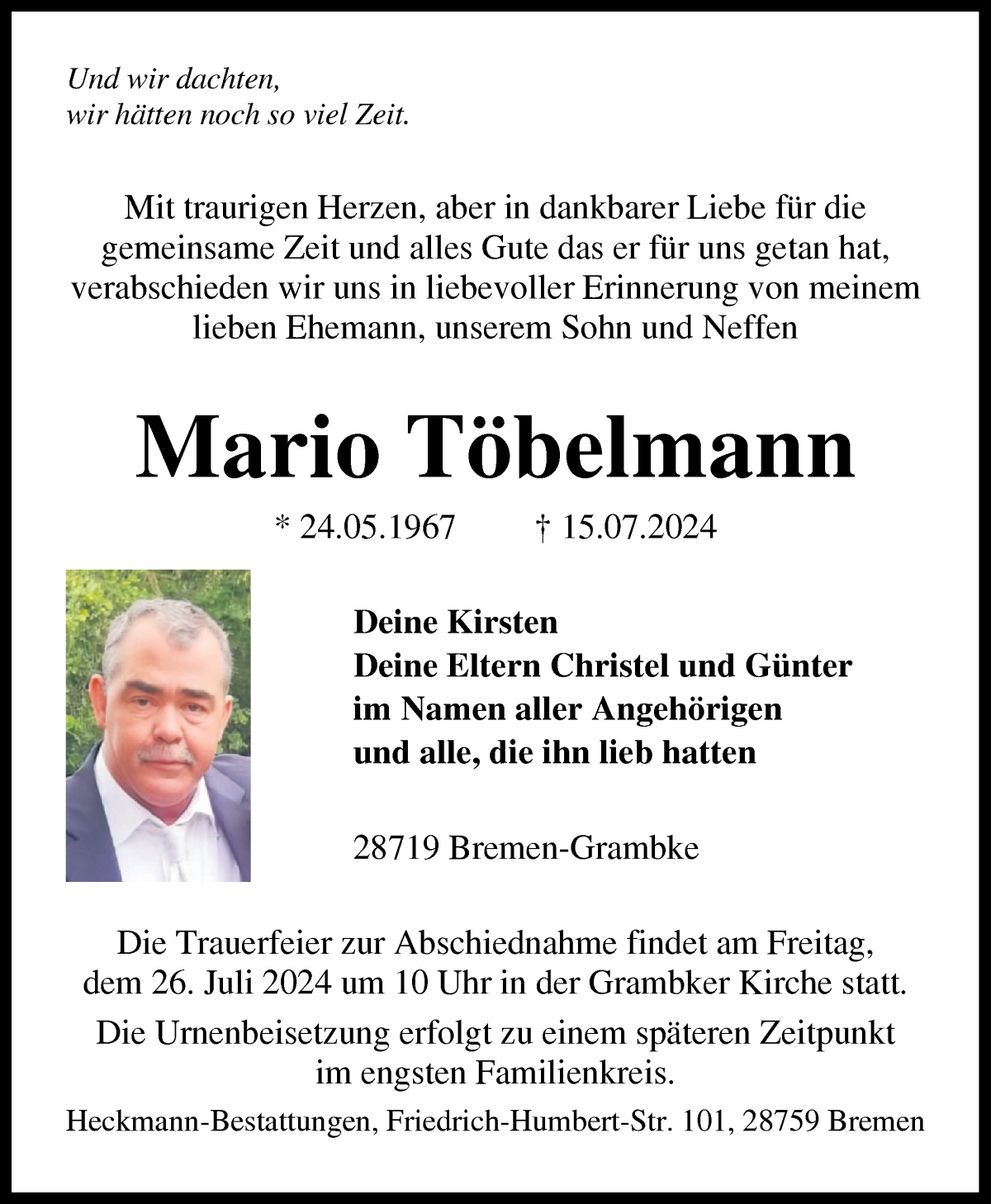 Traueranzeige von Mario Töbelmann von WESER-KURIER