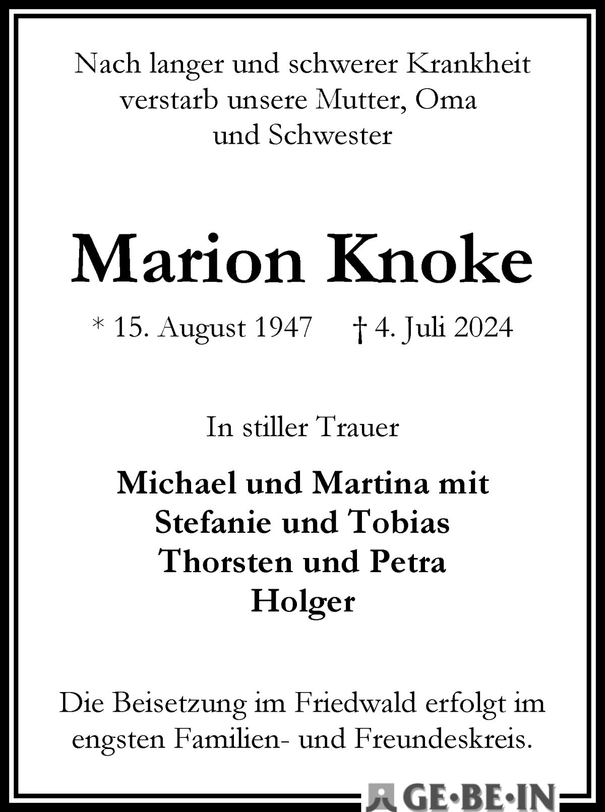 Traueranzeige von Marion Knoke von WESER-KURIER