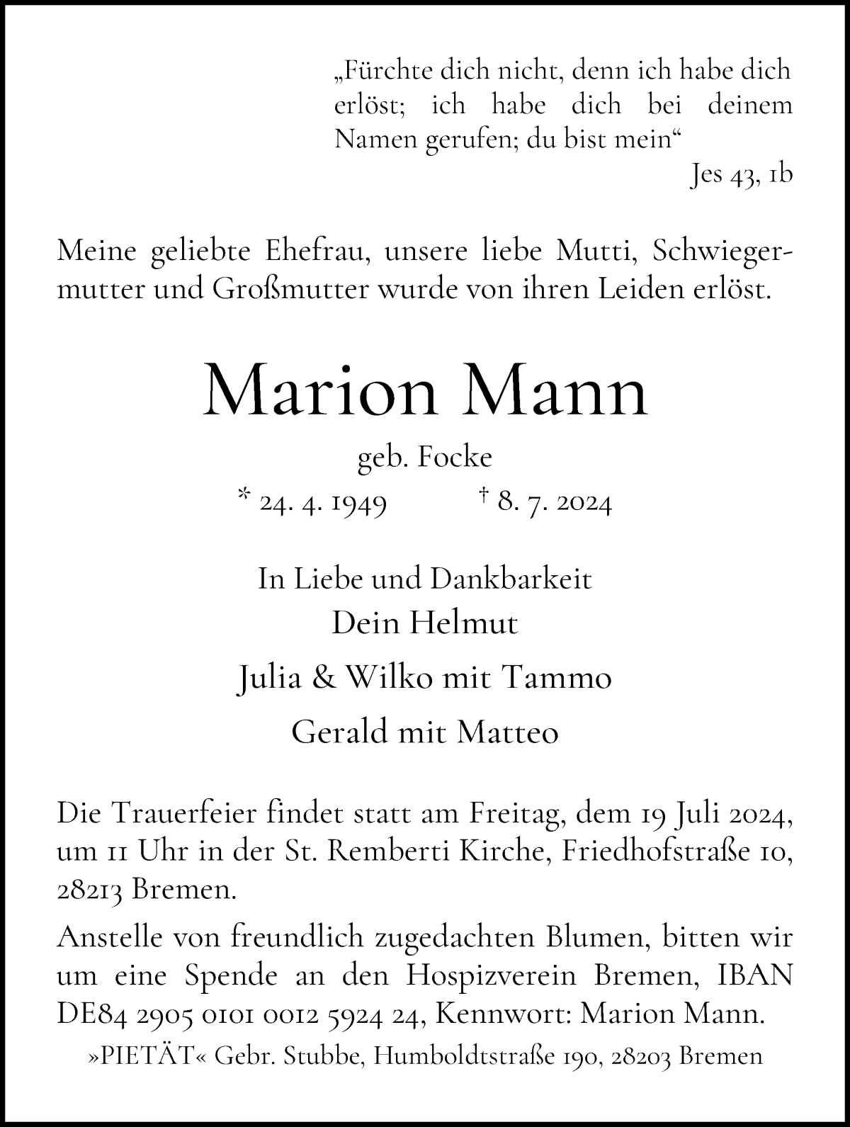 Traueranzeige von Marion Mann von WESER-KURIER