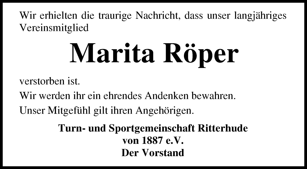 Traueranzeige von Marita Röper von Osterholzer Kreisblatt