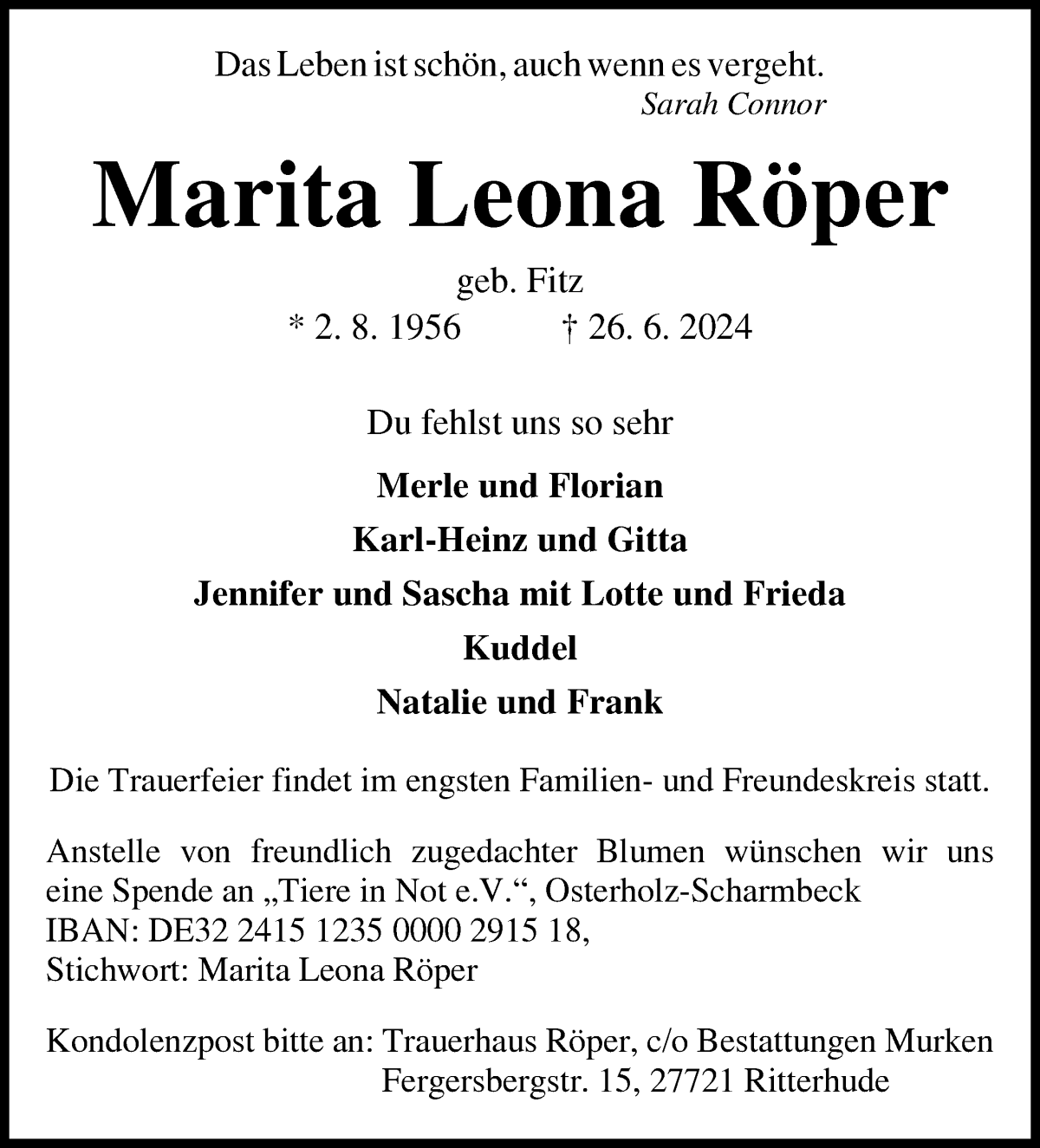 Traueranzeige von Marita Leona Röper von Osterholzer Kreisblatt