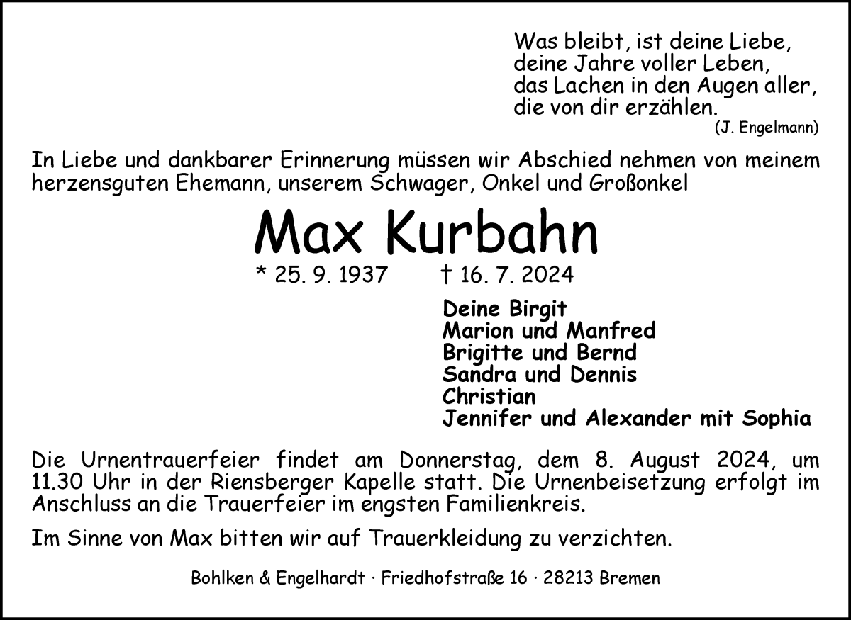 Traueranzeige von Max Kurbahn von WESER-KURIER