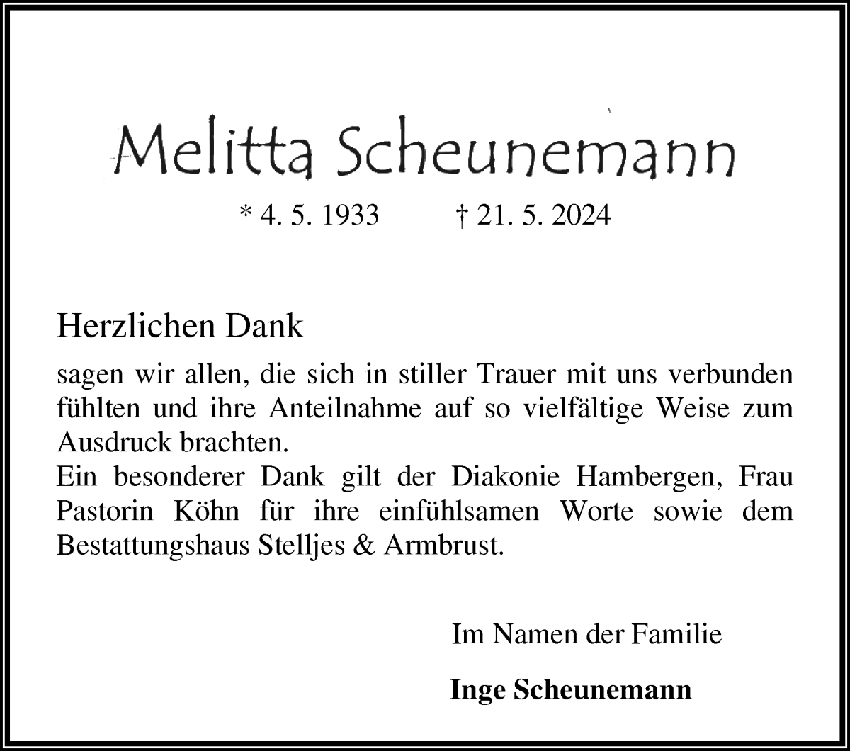 Traueranzeige von Melitta Scheunemann von Osterholzer Kreisblatt