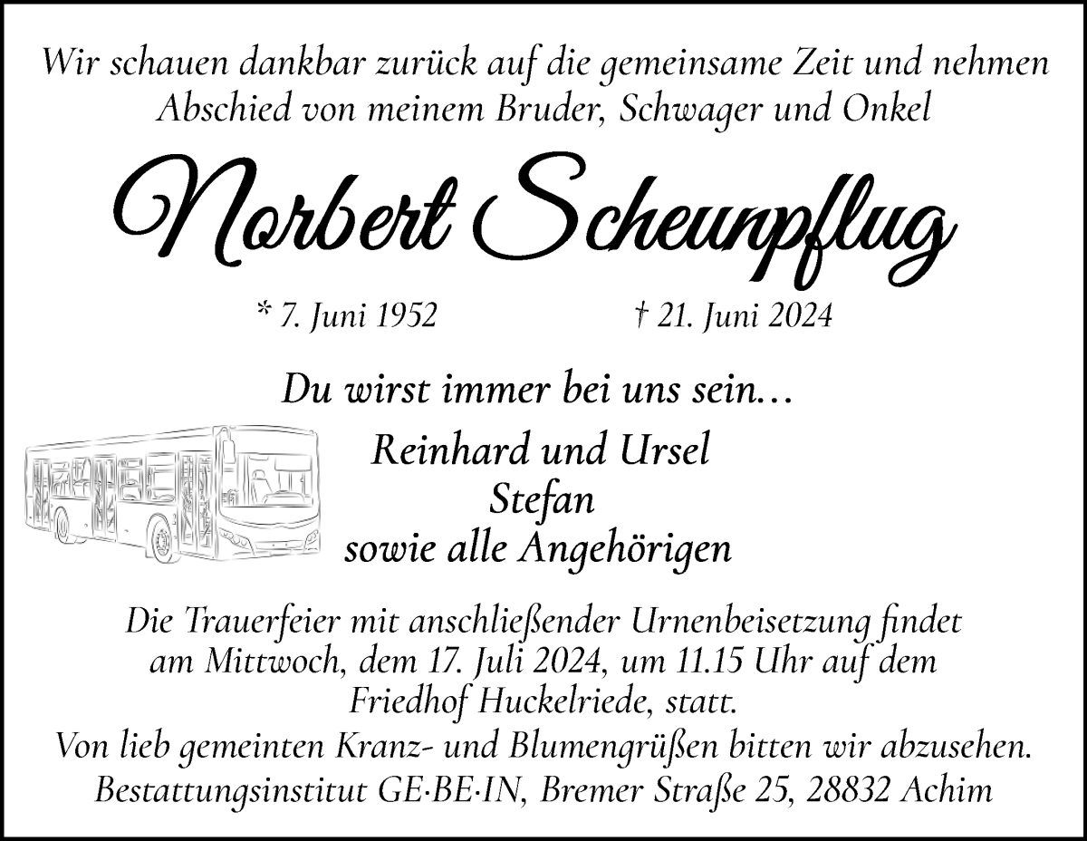 Traueranzeige von Norbert Scheunpflug von WESER-KURIER