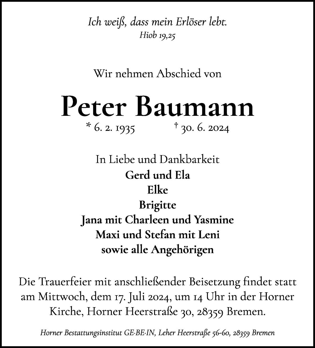 Traueranzeige von Peter Baumann von WESER-KURIER