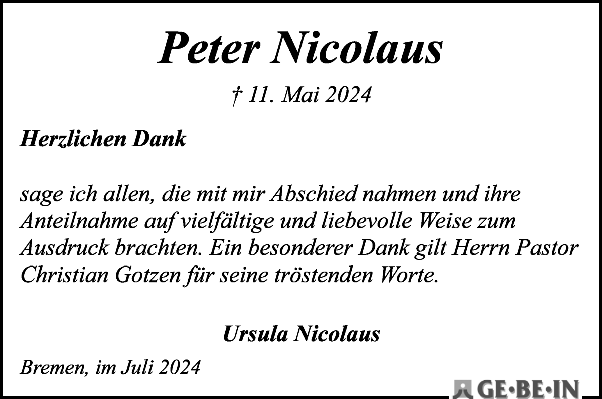 Traueranzeige von Peter Nicolaus von WESER-KURIER