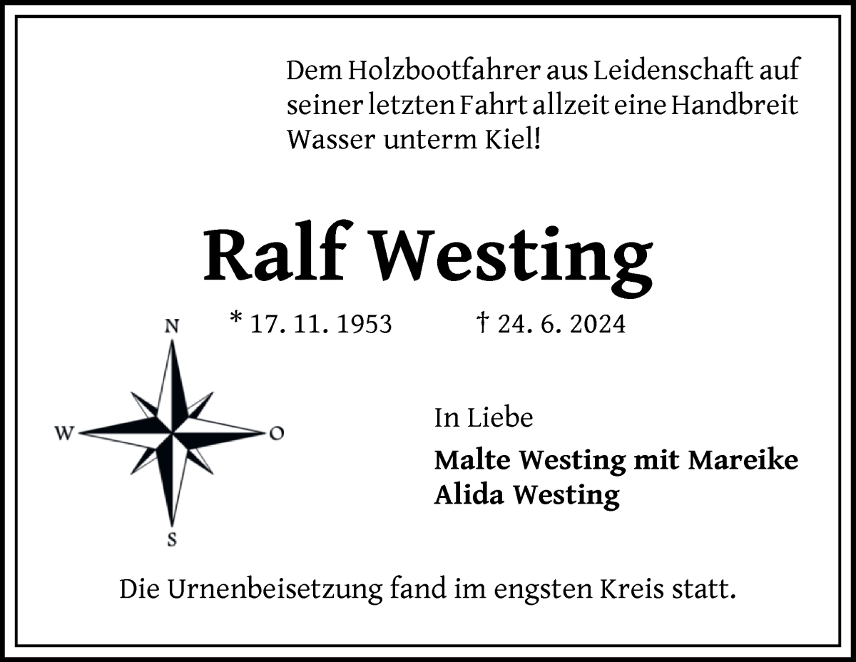Traueranzeige von Ralf Westing von WESER-KURIER
