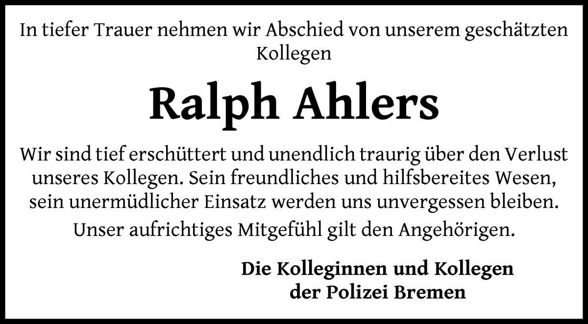 Traueranzeige von Ralph Ahlers von WESER-KURIER