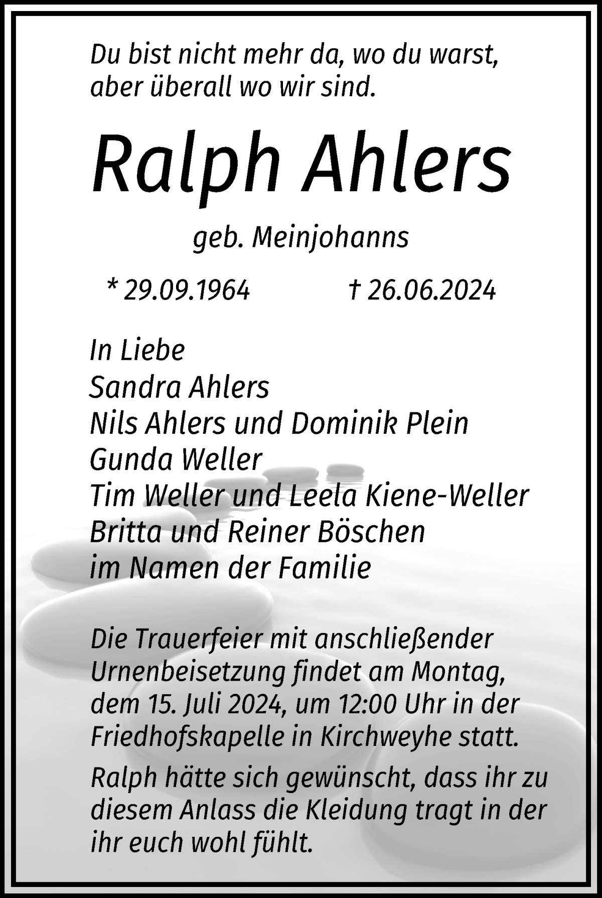 Traueranzeige von Ralph Ahlers von WESER-KURIER
