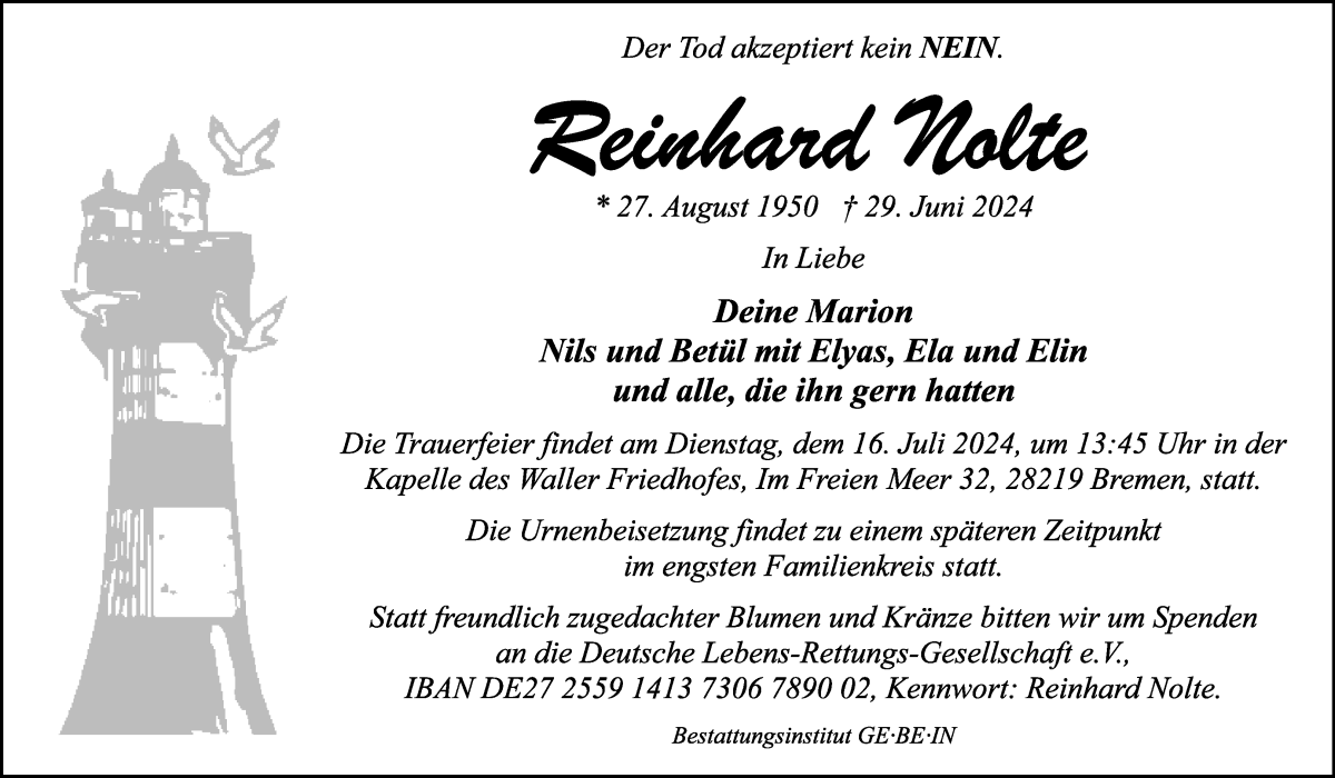 Traueranzeige von Reinhard Nolte von WESER-KURIER