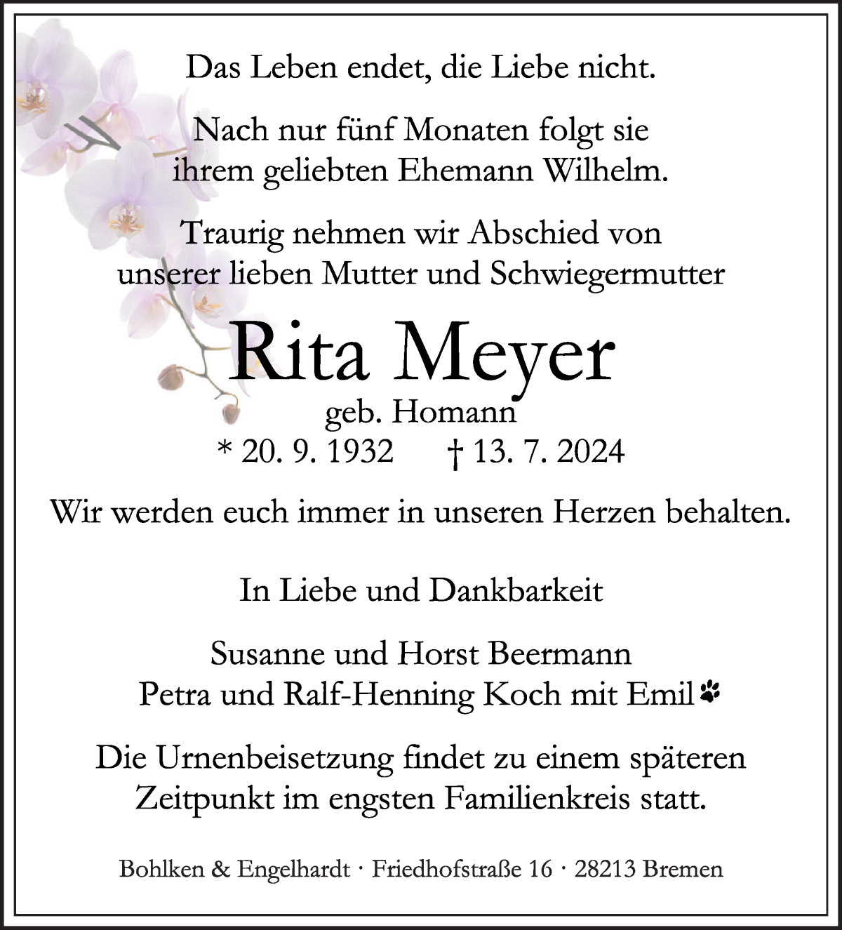 Traueranzeige von Rita Meyer von WESER-KURIER