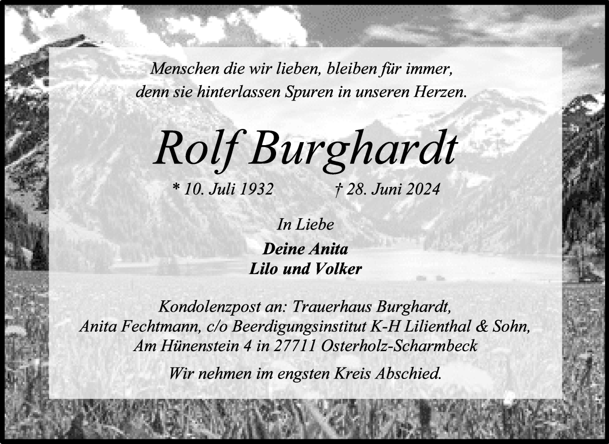 Traueranzeige von Rolf Burghardt von Osterholzer Kreisblatt