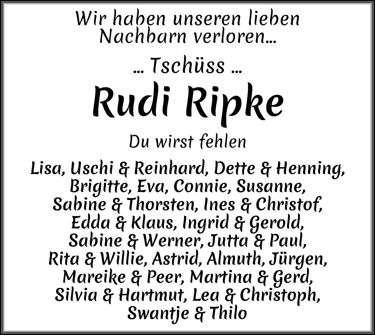 Traueranzeige von Rudi Ripke von WESER-KURIER