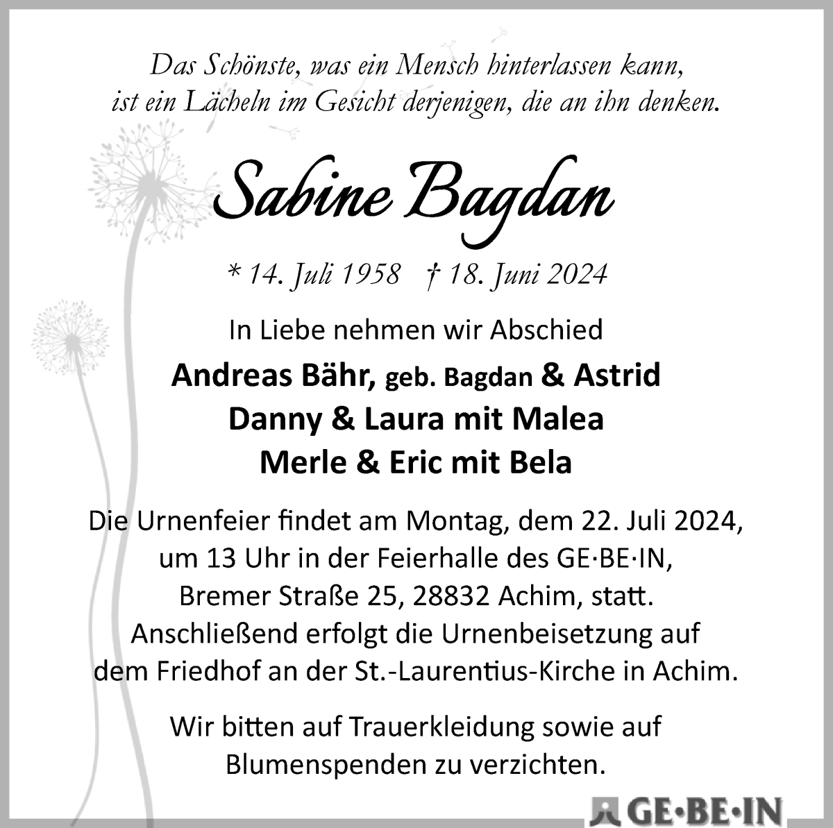 Traueranzeige von Sabine Bagdan von WESER-KURIER