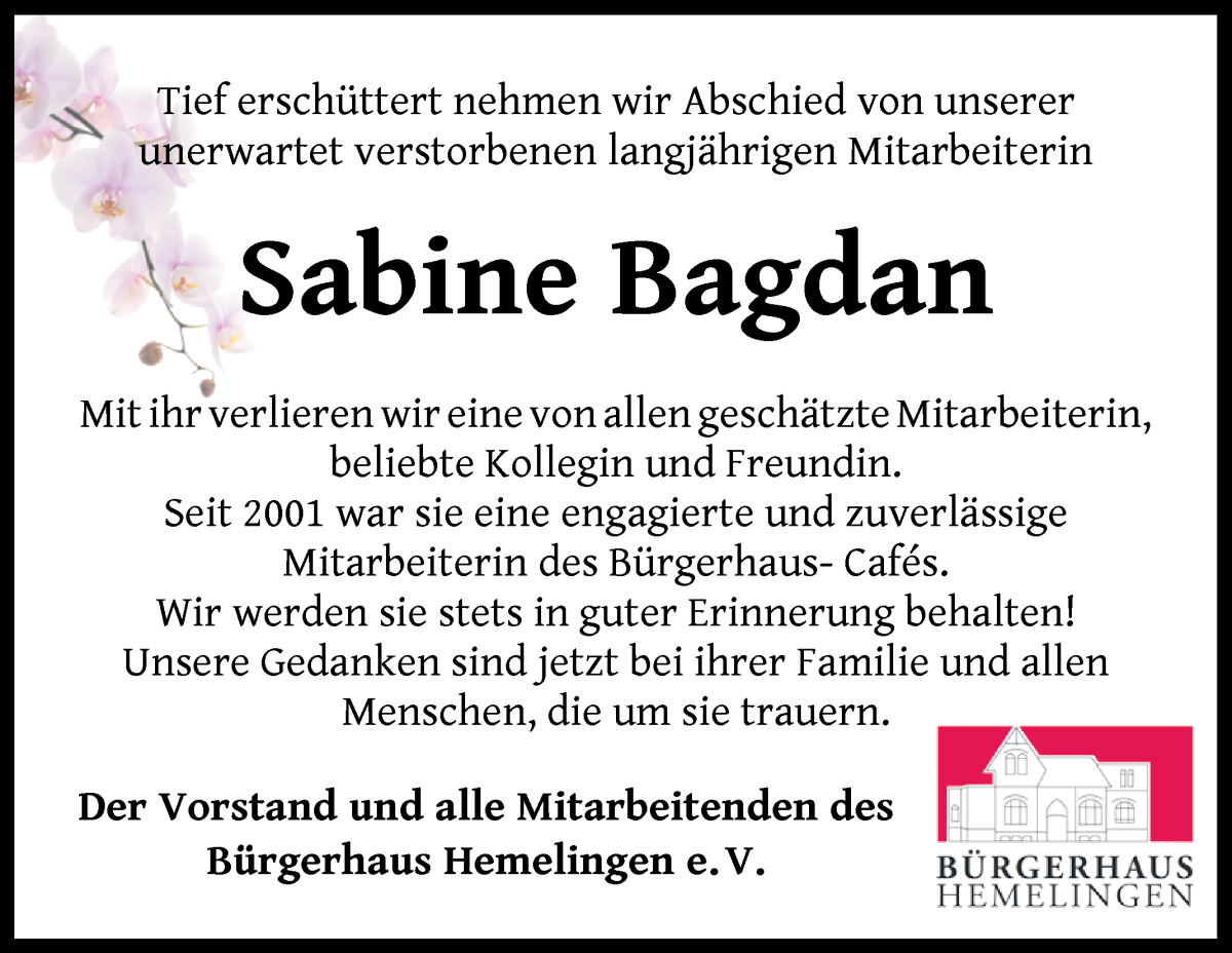 Traueranzeige von Sabine Bagdan von WESER-KURIER