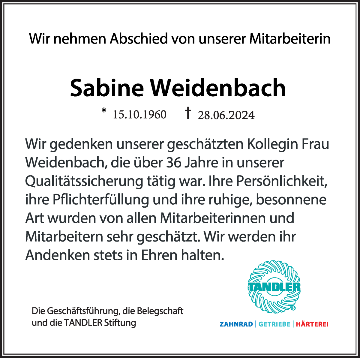 Traueranzeige von Sabine Weidenbach von WESER-KURIER