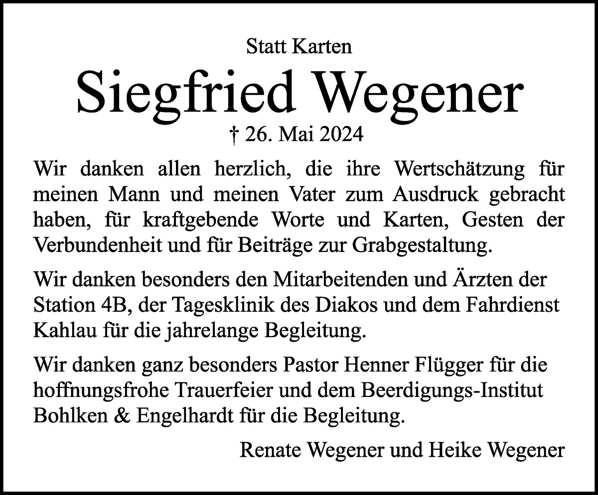 Traueranzeige von Siegfried Wegener von WESER-KURIER