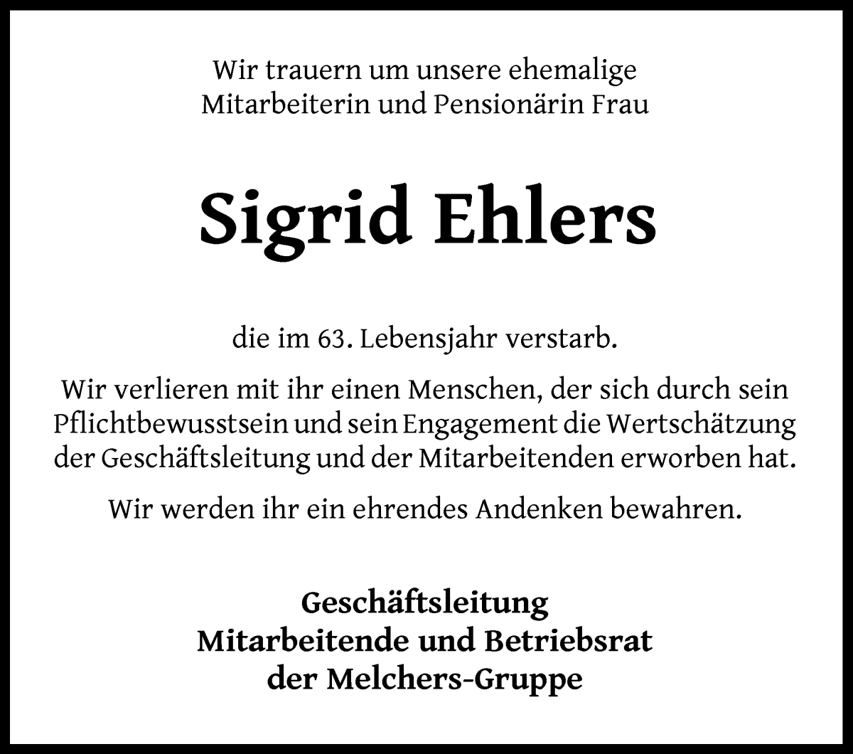 Traueranzeige von Sigrid Ehlers von WESER-KURIER