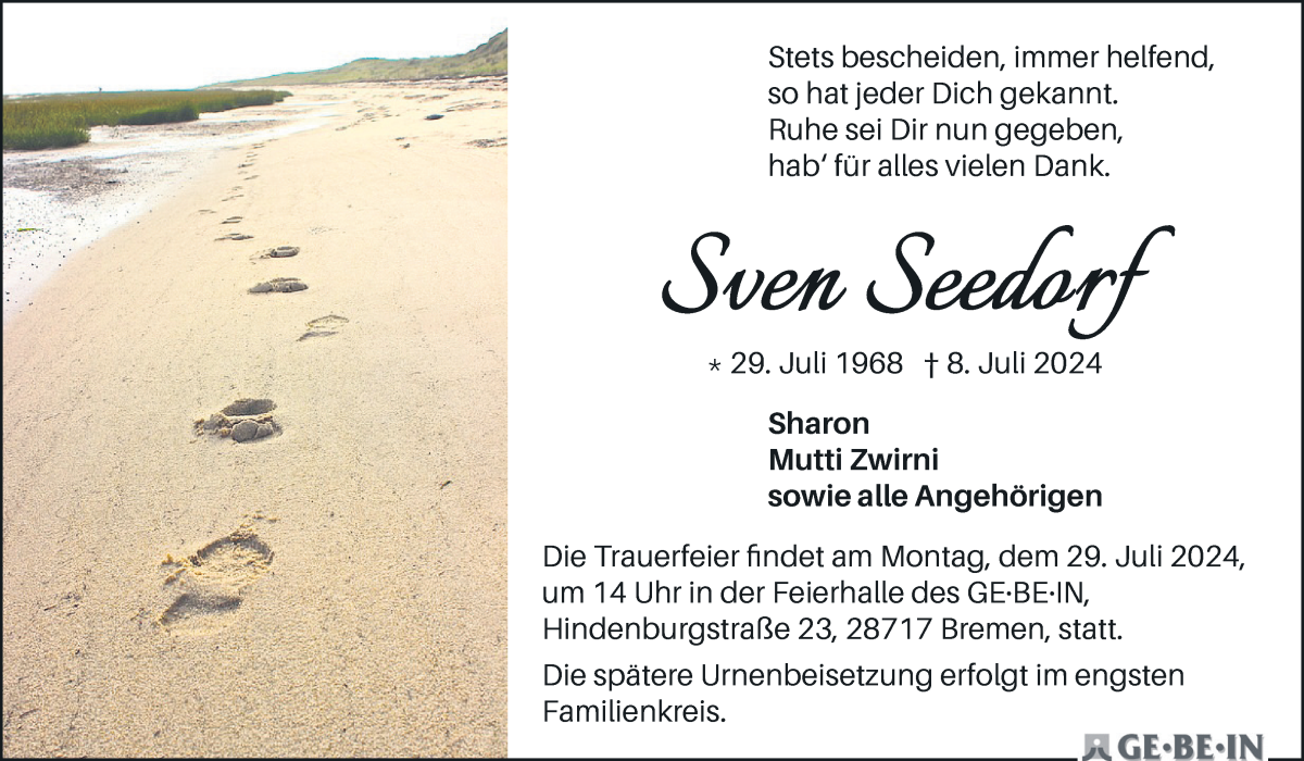 Traueranzeige von Sven Seedorf von Die Norddeutsche