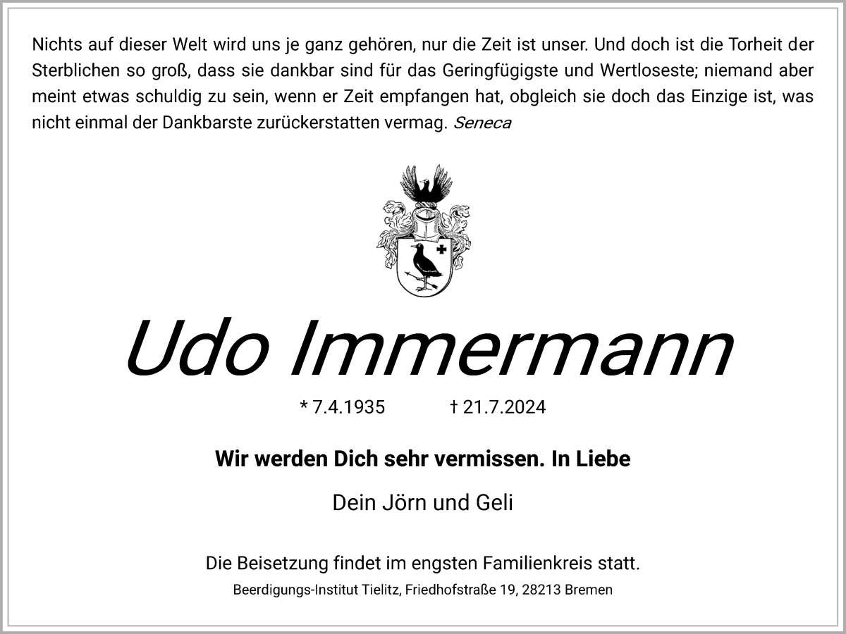 Traueranzeige von Udo Immermann von WESER-KURIER