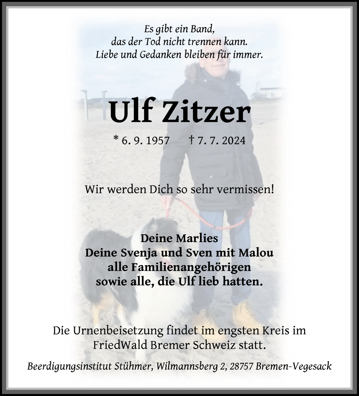 Traueranzeige von Ulf Zitzer von Wuemme Zeitung
