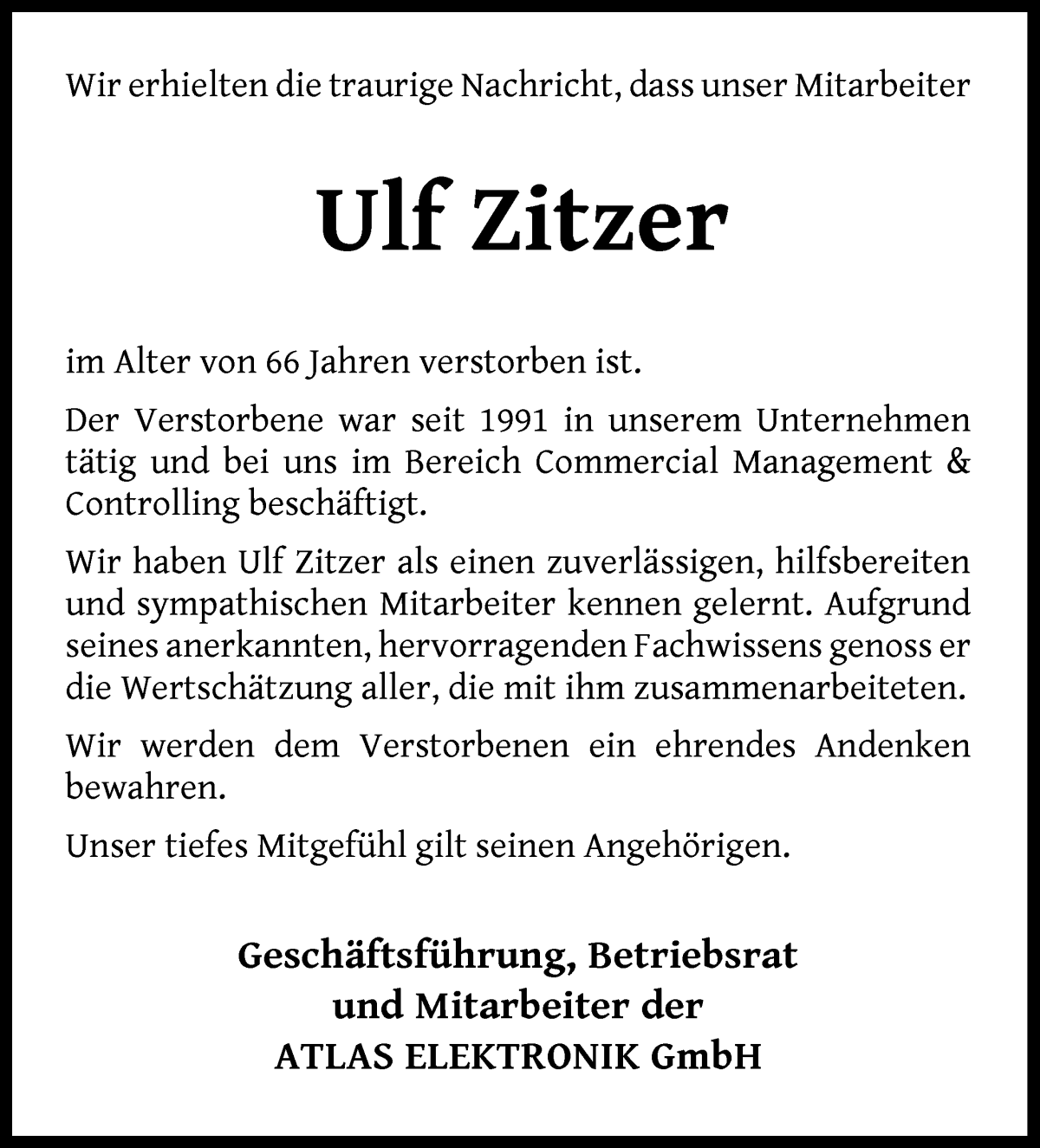 Traueranzeige von Ulf Zitzer von WESER-KURIER