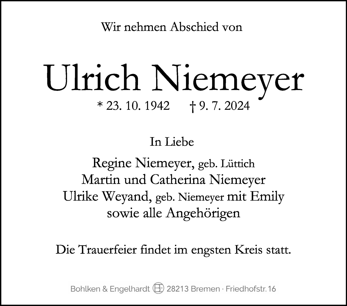 Traueranzeige von Ulrich Niemeyer von WESER-KURIER