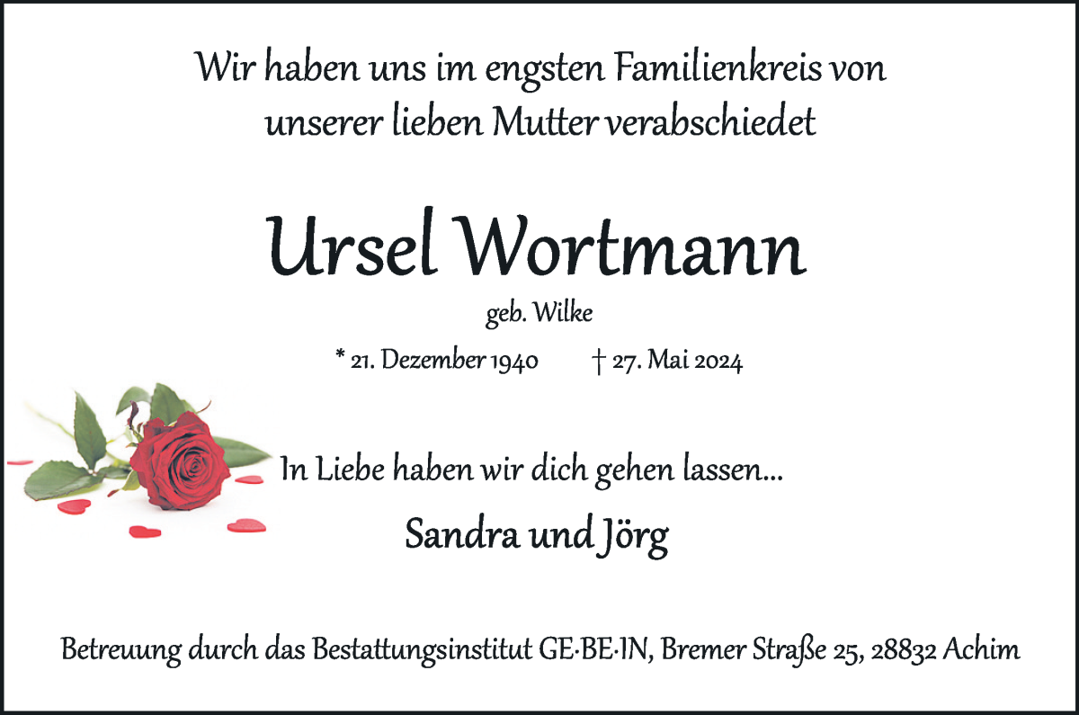 Traueranzeige von Ursel Wortmann von WESER-KURIER