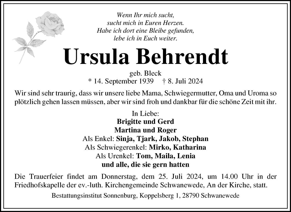 Traueranzeige von Ursula Behrendt von Die Norddeutsche