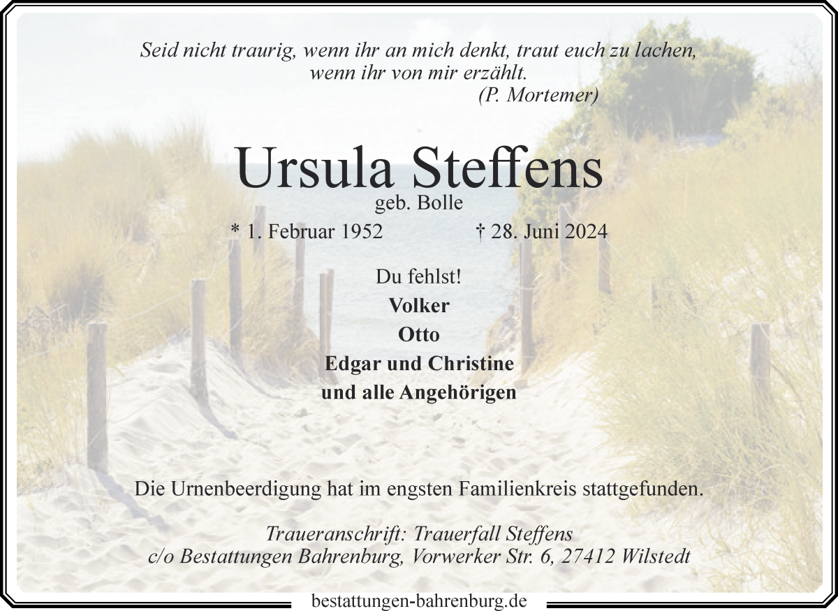 Traueranzeige von Ursula Steffens von Wuemme Zeitung