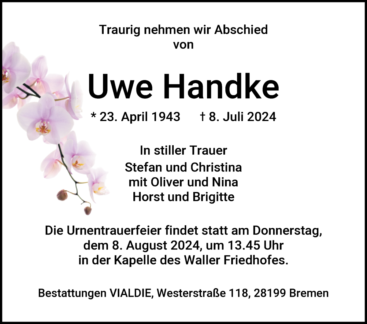 Traueranzeige von Uwe Handtke von WESER-KURIER