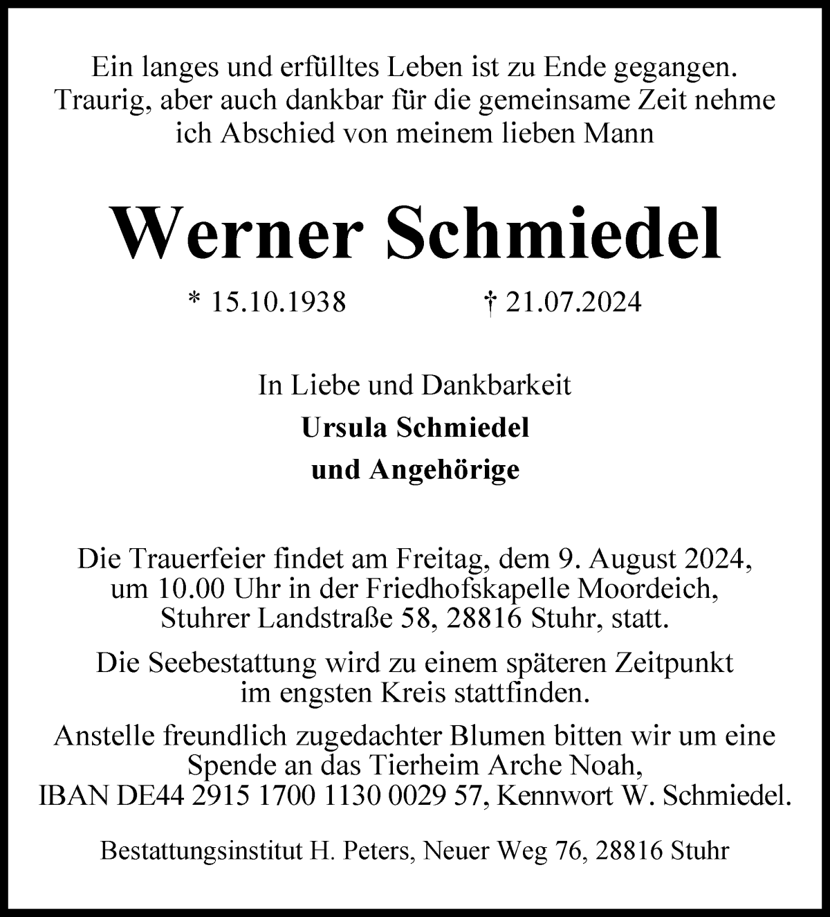 Traueranzeige von Werner Schmiedel von WESER-KURIER