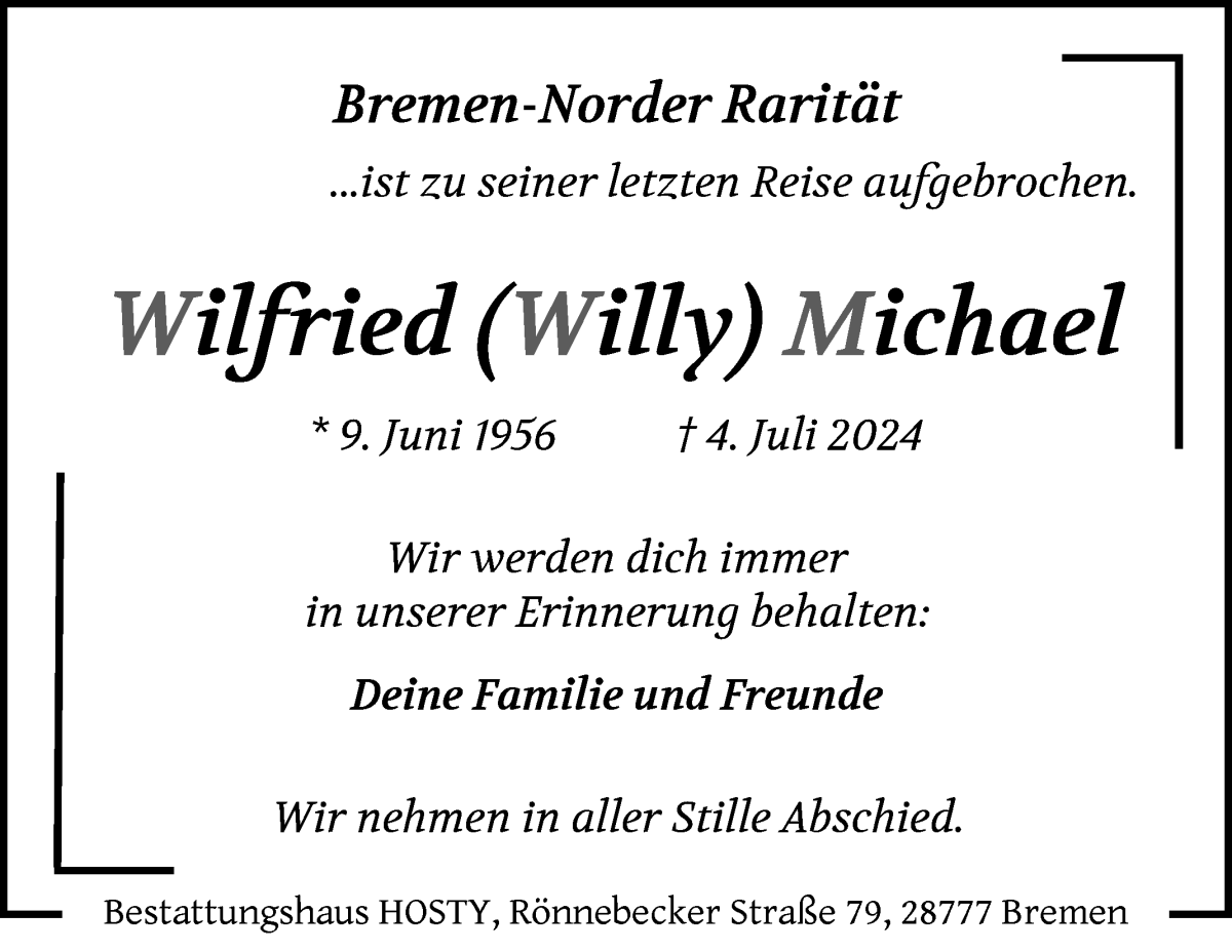 Traueranzeige von Wilfried (Willy) Michael von Die Norddeutsche