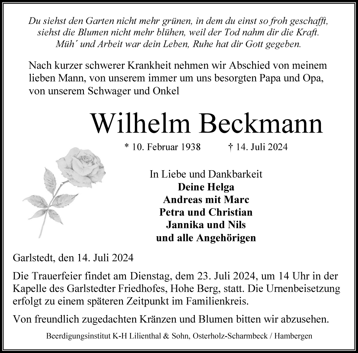 Traueranzeige von Wilhelm Beckmann von Osterholzer Kreisblatt