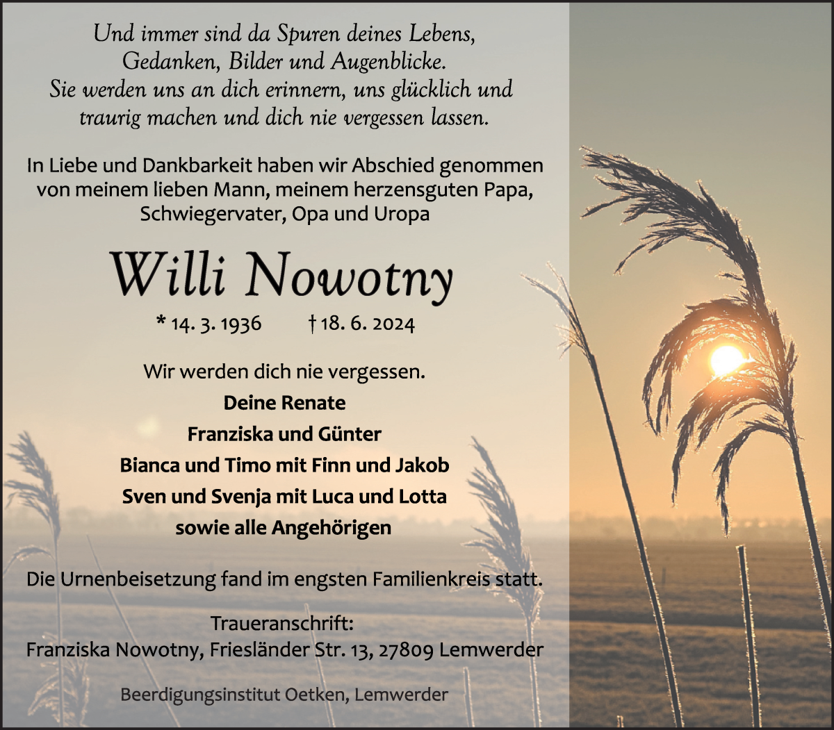 Traueranzeige von Willi Nowotny von Die Norddeutsche