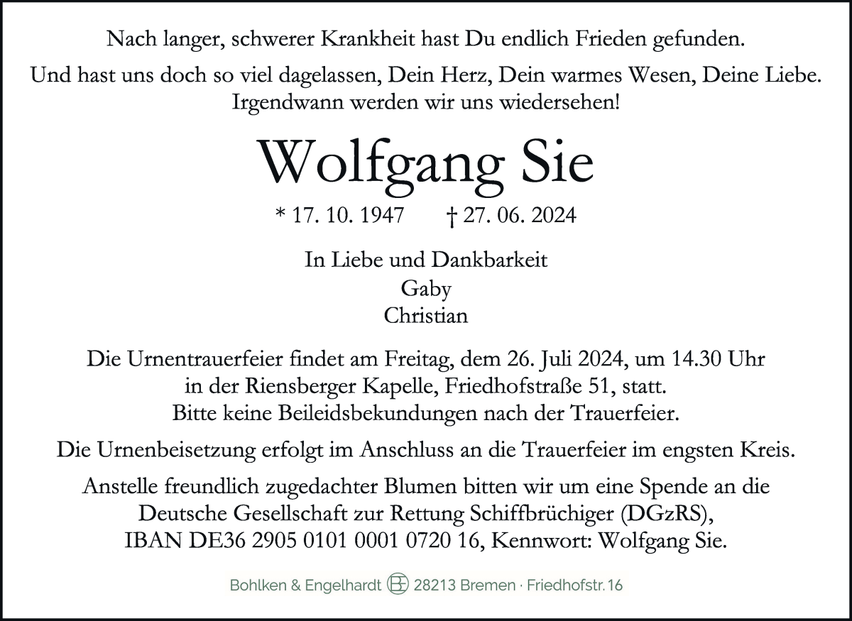 Traueranzeige von Wolfgang Sie von WESER-KURIER
