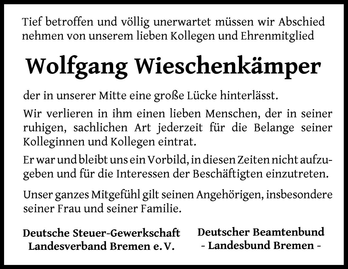 Traueranzeige von Wolfgang Wieschenkämper von WESER-KURIER