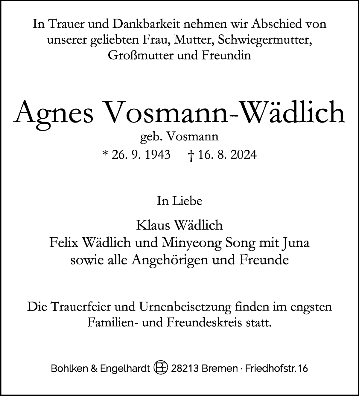 Traueranzeige von Agnes Vosmann-Wädlich von WESER-KURIER