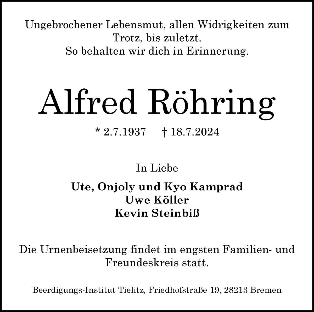 Traueranzeige von Alfred Röhring von WESER-KURIER