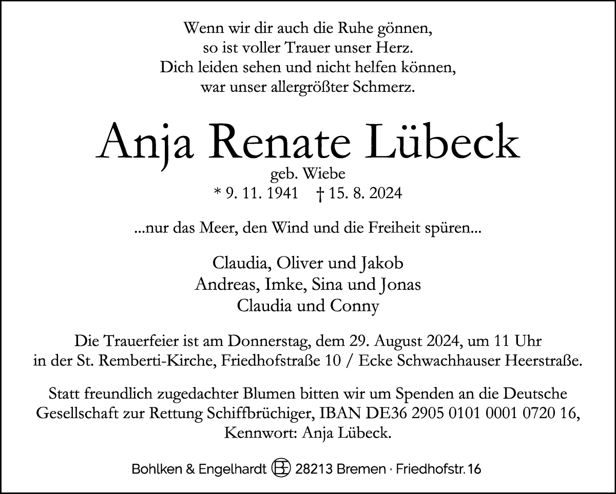 Traueranzeige von Anja Renate Lübeck von WESER-KURIER
