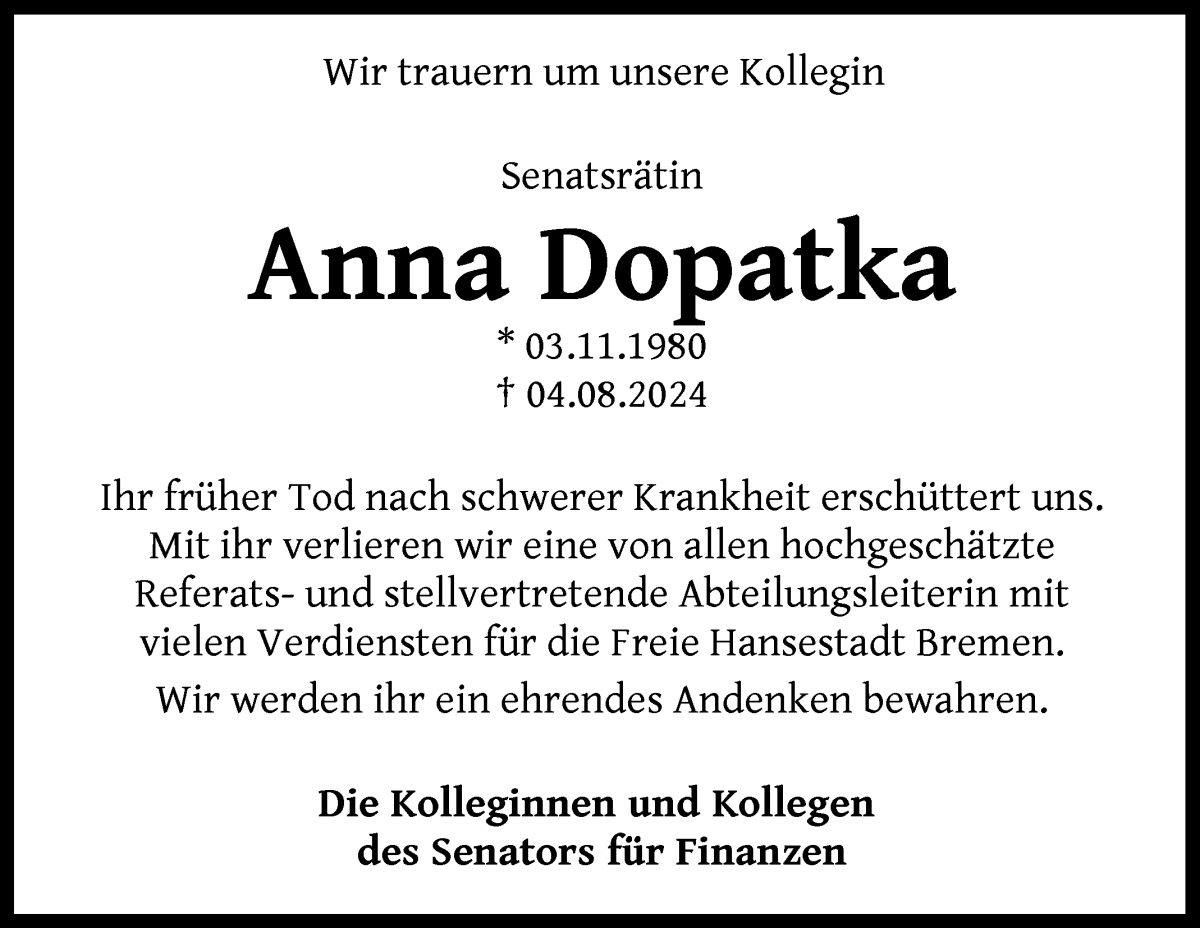 Traueranzeige von Anna Elisabeth Dopatka von WESER-KURIER