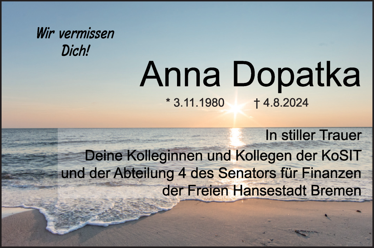Traueranzeige von Anna Elisabeth Dopatka von WESER-KURIER