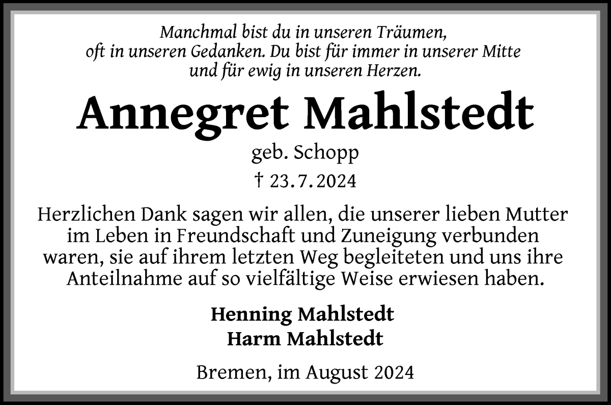 Traueranzeige von Annegret Mahlstedt von WESER-KURIER