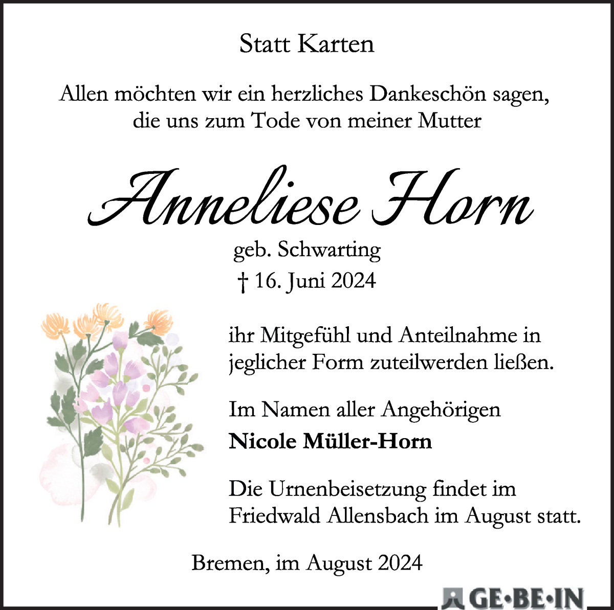 Traueranzeige von Anneliese Horn von WESER-KURIER
