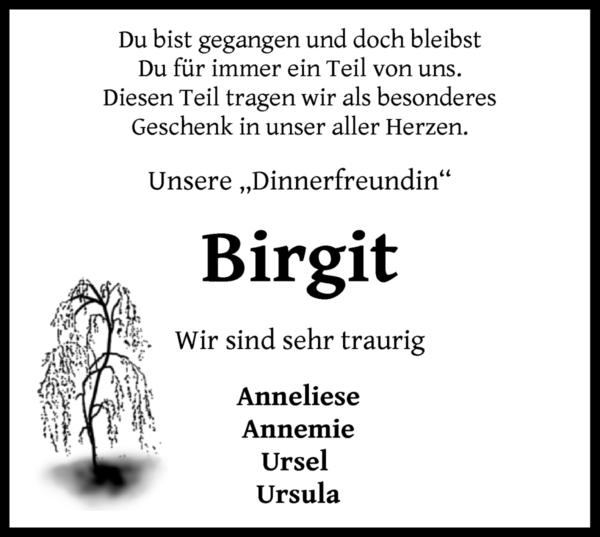 Traueranzeige von Birgit Bahr von Wuemme Zeitung